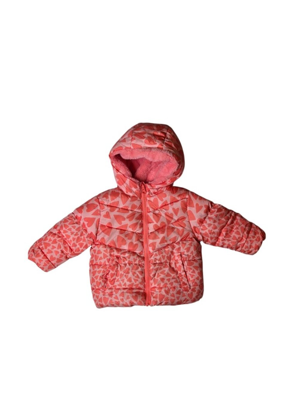 SwissTech Baby Girls Puffer Coat 12M Pink Hearts Fleece Lined Hooded Jacket